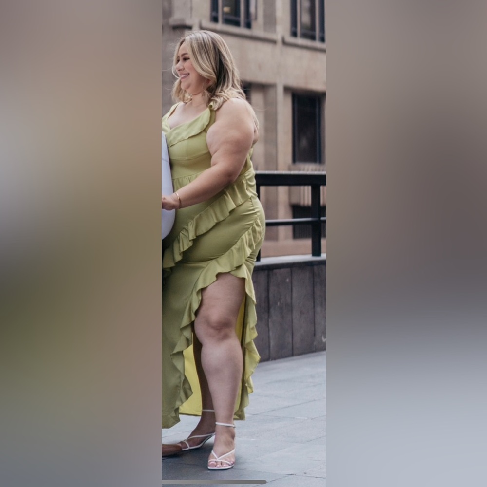 PrettyLittleThing Olive Ruffle Maxi Dress - Picture 3 of 3